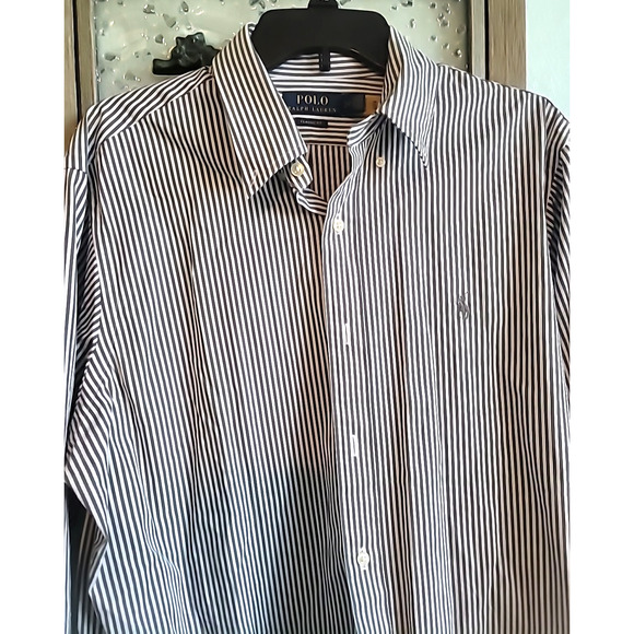 Polo Ralph Lauren Classic Fit Stretch Grey Striped Button Down Shirt LG 16 1/2 - Picture 2 of 11
